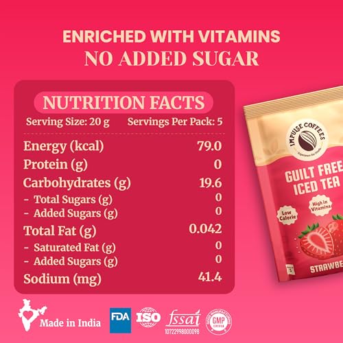 Image of Impulse Coffees Guilt Free Iced Tea Strawberry | Iced Tea Powder Drink Mix | Zero Refined Sugar, Low Calorie, Strawberry Flavour | 20g x 20 Sachets (400g)