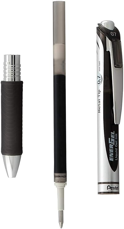 أقلام حبر سوداء قابلة للسحب من Pentel Energel RTX مقاس 0.7 مم - رأس متوسط، طرف معدني، عبوة من 10 قطع