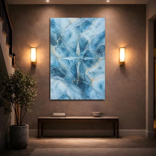 Tableau Boussole Abstraite Bleu et Or 50x75 cm pour Décoration Murale