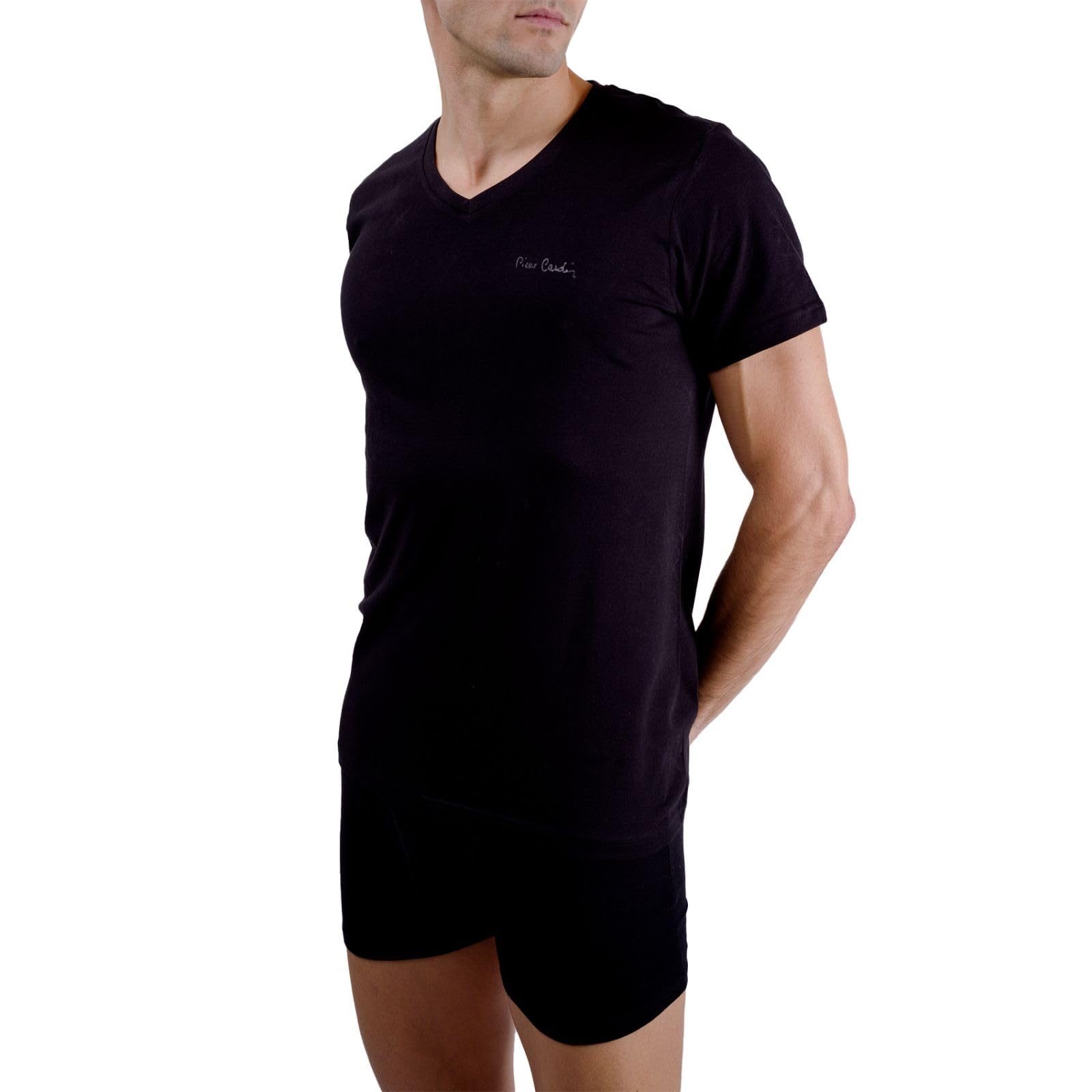 pierre cardin underwear T-Shirt für Herren, Baumwolle, Signatur, V-Ausschnitt, mit Stickerei, Grau, Schwarz, XL