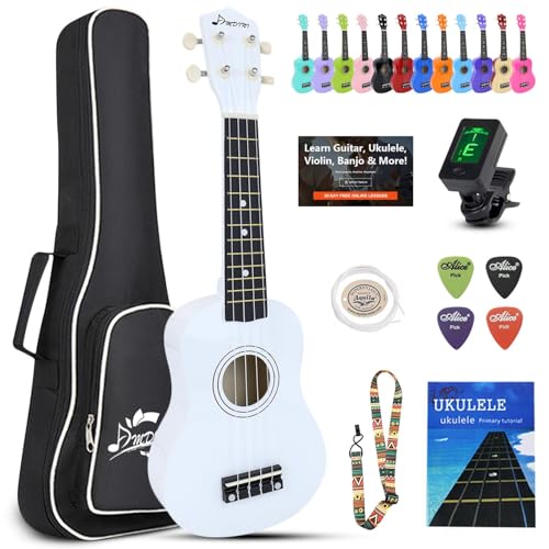 Ukulele for Beginners Hawaiian Wood Soprano Ukelele Starter Kit for Kids Adult Student Ukalelee Uke Bundle Pack with Free Lessons Gig Bag Tuner Strap Picks Nylon Strings (White, 21 Inch)