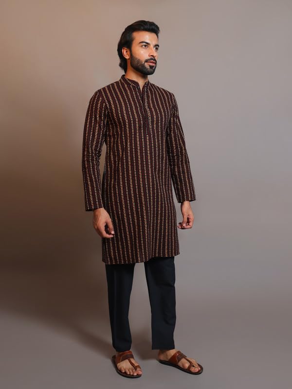 Image of Vastraa Fusion Men's Printed Kurta Pure Cotton Long Kurta, Round Collar, Full Sleeves, Button Kurta, Ethnic Wear