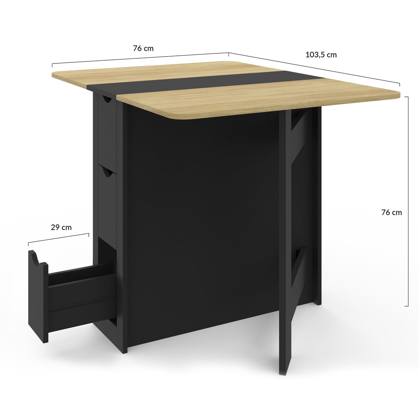 IDMarket - Table Console Pliable EDI 2-4 Personnes 103 x 76 cm | Avec plateau façon hêtre et 3 tiroirs noirs