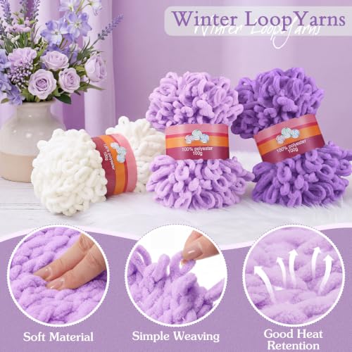 Image of Threlaco 6 Pack Finger Loops Yarn Bulk Soft Chunky Yarn 600 G / 6 Skeins for Mothers Day Beginners Knitting No Needles or Hooks(White, Light Purple, Taro Purple)