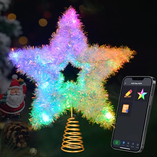 Smart Christmas Tree Topper, 10” Rainbow Lacquer Star with RGB Color Changing, Static & Dynamic Modes, USB Powered, 15 LEDs for Xmas Tree Decoration
