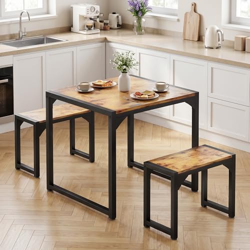 Blishom Conjunto de Mesa y 2 Bancos de Comedor de 3 Piezas, Juego de Mesa de Cocina Ahorro de Espacio, Estructura de Metal Industrial Robusta, para Apartamentos Pequeños, Cocina (Retro)