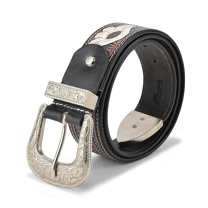 Image of Western Leather Belt for Men & Women, Floral Embossed Cowhide, Durable Rodeo Style for Jeans, Casual Wear & Country Outfits