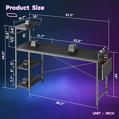 Image of Bestier Gaming Desk with Shelves, 61 Inch Large PC Gaming Table with LED Lights, Led Gamer Desk with 4 Tiers Reversible Storage Shelves for Game & Bedroom Room (Black Grained)