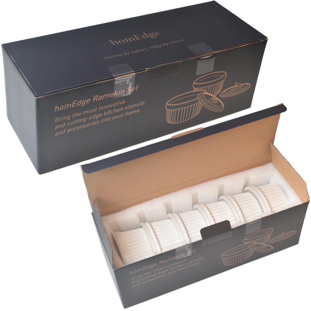 homEdge Juego de 6 moldes de porcelana con tapa, 240 ml, cuenco para helado, crema brûlée ramekins para hornear, color negro