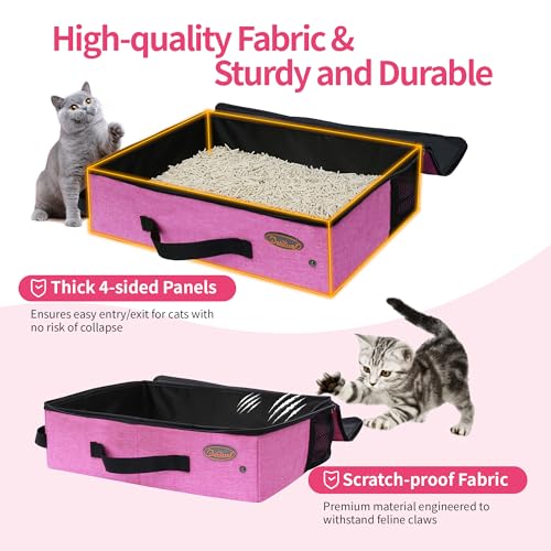 Image of Deblue Portable Cat Travel Litter Box with Lid, Collapsible Waterproof Cat Litter Carrier Box Lightweight Litter Box for Large Traveling Cats, Leak-Proof, Sturdy - Pink L