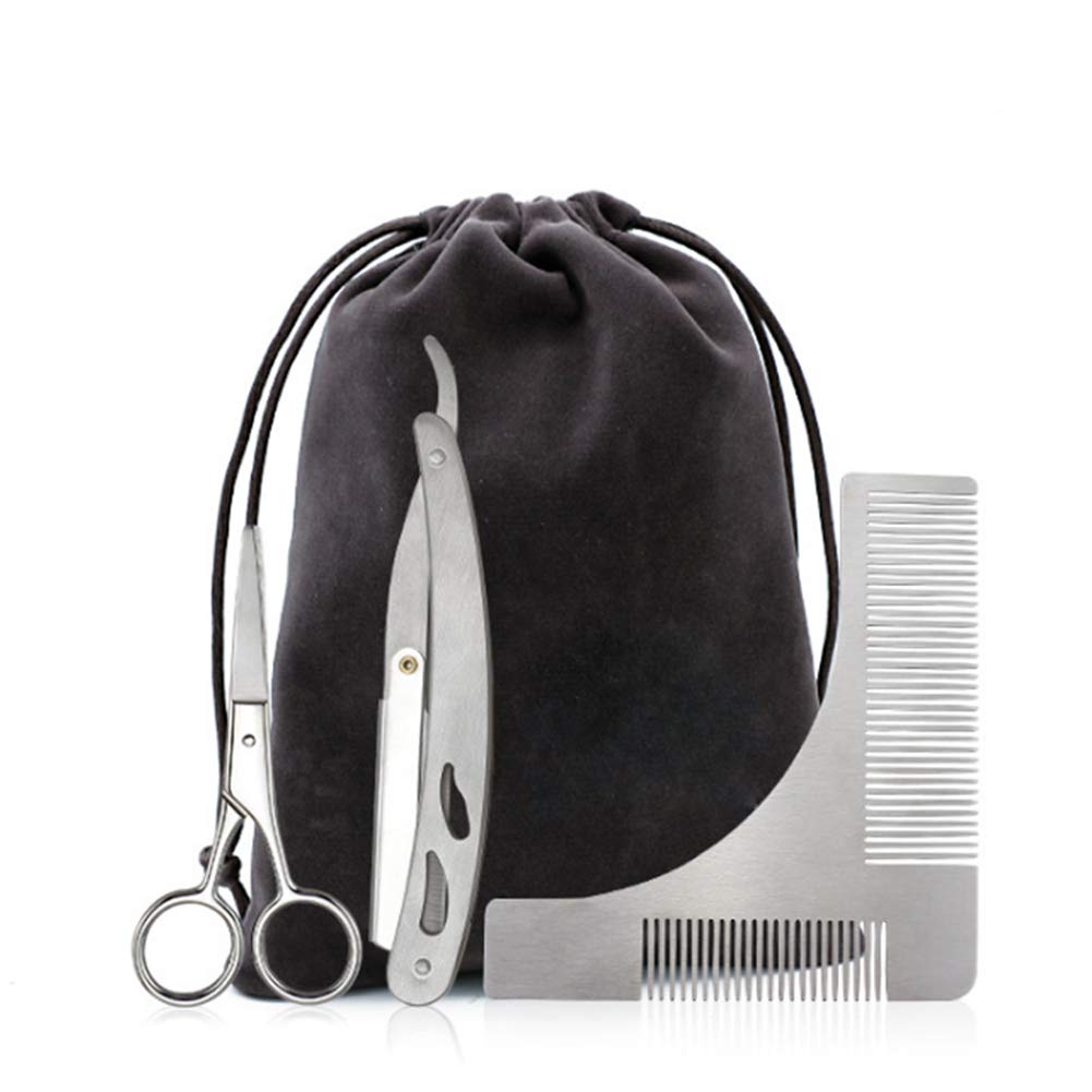 BYCOOR Beard Grooming Kit for Men, Beard Shaping Styling Gift Set with Inbuilt Comb, Straight Edge Razor, Scissors &Bag – 3 In 1