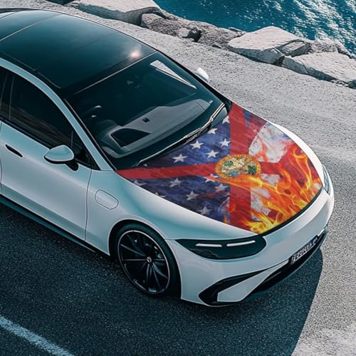 Image of Florida Flag Design Car Hood Cover for Compact Car SUV Truck Minivan, 59x39 Inch Stretchable Auto Hood Flag Waterproof Automotive Exterior Accessories