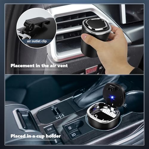 Image of Car Ashtray with Lid, Smell Proof Mini Car Trash Can, Detachable Stainless Steel Ashtray with LED Blue Light, Universal Interior Accessories for Cars, Trucks, SUVs