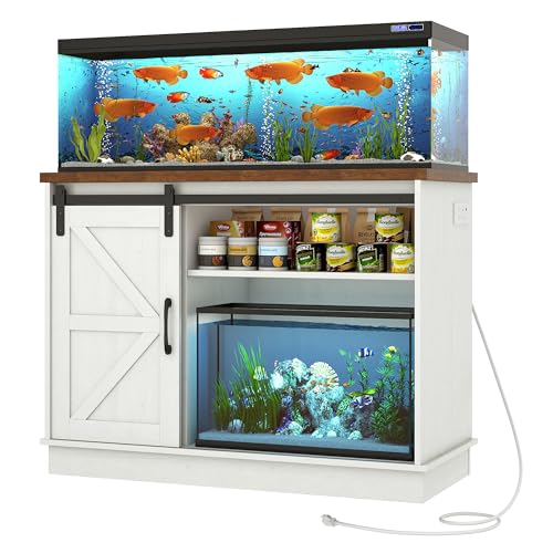 Image of Hlivelood Farmhouse 30-40 Gallon Fish Tank Stand w /Power Outlet, Aquarium Stand w /Cabinet&Sliding Barn Door, Heavy Duty Reptile Tank Stand for Fish /Turtle /Reptile Terrarium, 1000LB Capacity, Rustic WH