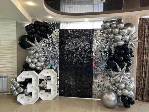 Image of Black and Silver Balloon Garland Arch Kit with 3pcs Star Balloons, Silver and Black Balloon Confetti Latex Balloons for Birthday Wedding Graduation Baby Shower Disco Anniversary Party Decorations