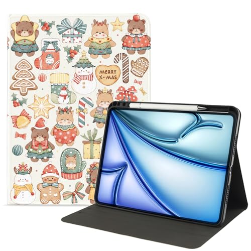 Étui iPad 2022 Ours de Noël en soie 11 pouces avec support crayon