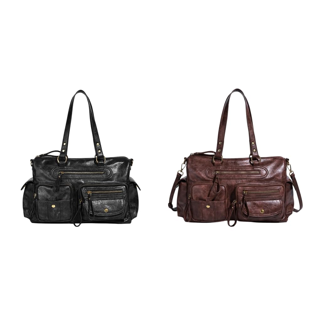 Borsa a tracolla da donna in PU stile anni '90 con tasche multiple borsa retrò con cerniera a tracolla per viaggi, nero+marrone