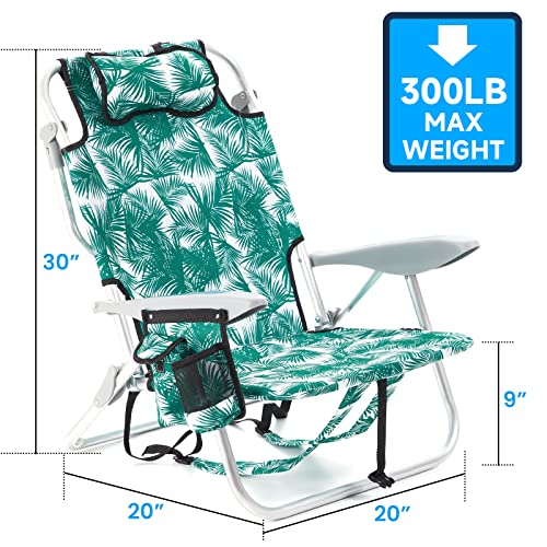 Canpsky Portable Beach Chair For Adults, Outdoor Lightweight Camping Chair Lay Flat Folding Backpack Beach Reclining Chair With 4 Positions, Headrest, Cooler Pouch, Cup Holder, Green Leaves #TOP2