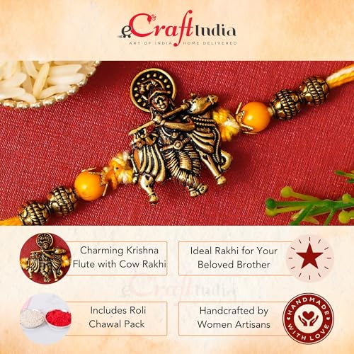 Image of eCraftIndia Krishna Playing Flute with Cow Designer Rakhi | Raksha Bandhan Rakhi for Bhai Bhaiya | Best Bro Ever Fridge Magnet | Roli Chawal Pack