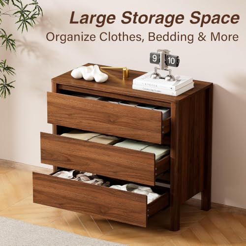 Image of Furniway Nightstands Set of 2, 31.5 inch Wide 3 Drawer Nightstand with Wood Legs, Mid-Century Modern Bedside Table with Storage, Wooden End Table for Bedroom, Walnut