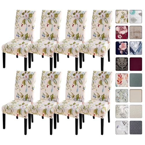 Image of SearchI Dining Room Chair Covers Slipcovers Set of 8, Spandex Super Fit Stretch Removable Washable Kitchen Parsons Chair Covers Protector for Dining Room,Hotel,Ceremony(Beige+Flowers)