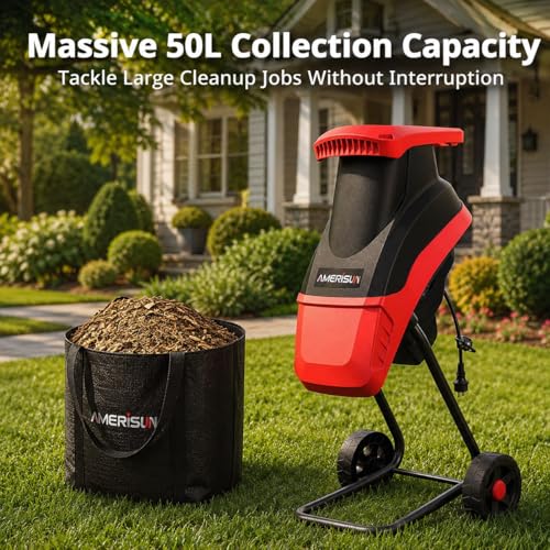 Image of AMERISUN Electric Wood Chipper Shredder 15-Amp, 4200RPM Leaf Mulcher with 1.75-Inch Branch Capacity, Portable Yard Waste Shredder with 50L Collection Bag for Garden, Lawn & Landscaping Cleanup