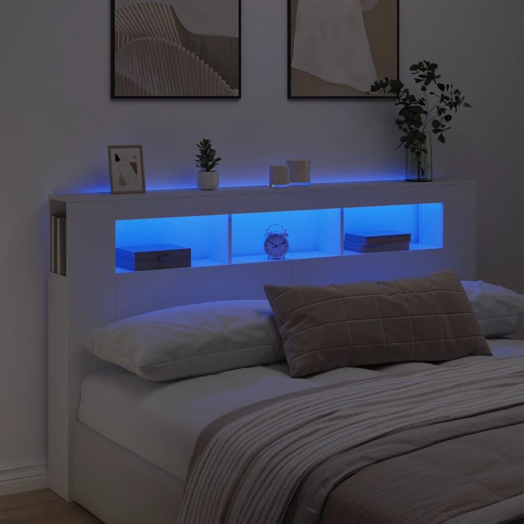 IKAYAA Cabecero con LED Cabecero Cama 180 cm con Almacenaje, Mueble Cabecero Cabecero con Estantes, Cabecero de Madera, Nórdico Práctico y Elegante, Blanco