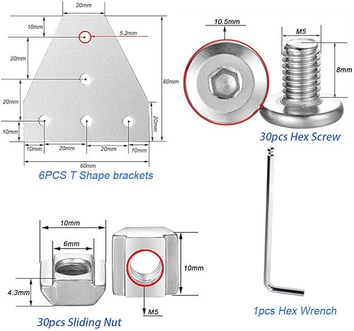 Miniatura 2 de 6 juegos de conectores de soporte de esquina 2020 de 5 agujeros en forma de T, placas de juntas para perfil de extrusión de aluminio de 0.236 in