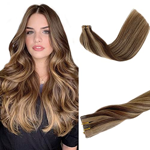 Tape in Real Human Hair Extensions Double Weft Chestnut Brown to Dark Ash Blonde Tape ins Hair Extensions Human Hair Straight Skin Weft Glue in Remy Hair Extensions 20PCS 30G 14 Inch Seamless Hair