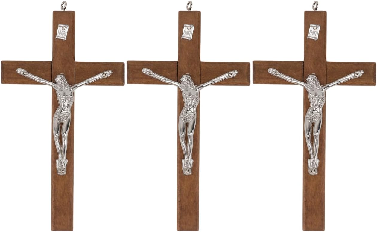 BESTOYARD Wood Wall Art 3 Pack - 5-Inch Medal Holy Small Crucifix Cross Catholic Wall Cross Pendant - Religious Gift & Home Decor