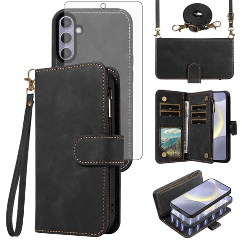 Étui de téléphone pour Samsung S24/S25 Plus noir avec fermeture éclair et porte-cartes