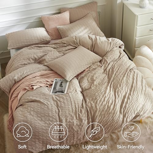 Image of JELLYMONI Seersucker Duvet Cover Set Twin, 3pcs Khaki Polyester | In Dorm & Kids Room, Single Sleepers Pick, Crinkled Texture, Oeko-Tex Certified, 8 Corner Ties & Hidden Zipper
