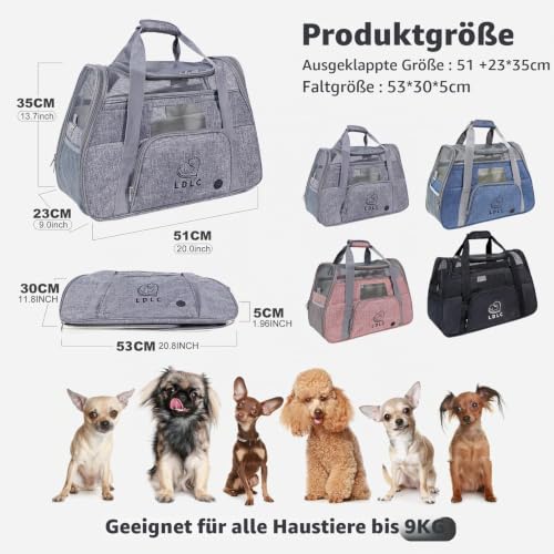 PETCUTE Hundetransportbox,Atmungsaktive Katzen Tragetasche Katze transportbox Tragetaschen mit Weicher Matratze, Stoff Oxford Haustiertragetasche mit Schultergurt,Airline Zugelassen Grau