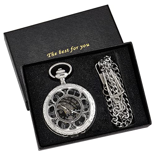 Image of Black and Silver Roman Numeral Dial Mens Mechanical Moon Phase Design, Moon Sun Pattern Skeleton Mechanical Pocket Watches for Men with Case and Chain - Black