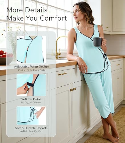 Image of NACHILA Pajamas Set for Women-Viscose Made from Bamboo, Sleeveless Pjs Cool V Neck Sleepwear Soft Capri Pants Pajama Sets