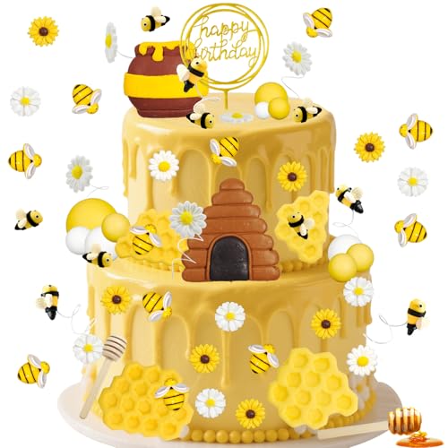 Simplepolymer 75PCS Honeycomb Cake Topper Set Honey Jar Cake Topper