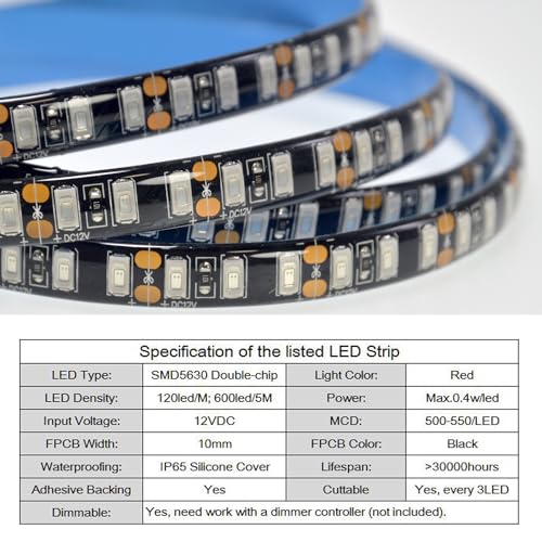 Image of Super Bright Black PCB 12V SMD5630(0.4w) LED Strip Lights Without Power Supply, IP65 Waterproof, Pack of 16.4ft /5M (600LED-Red)