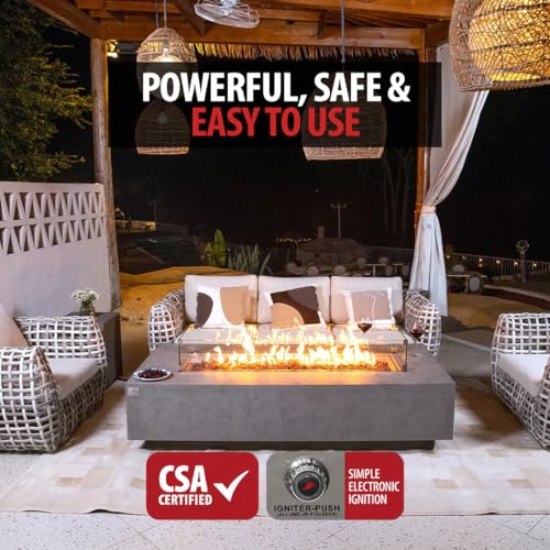 Image of AMS Creations | Savanah 72 inch Bundle Rectangular Cast Concrete Propane Gas Fire Pit Table | Light Gray | Travertine Texture Surface | Electronic Ignition| Outdoor Patio Heater Outside Backyard Fireplace
