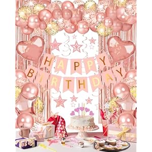 Rose Gold Happy Birthday Party Decorations, Happy Birthday Banner, Rose Gold Foil Heart Star Confetti Balloons Curtain Backdrop Hanging Swirls Party Decor for Girls Women Princess