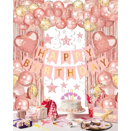 Rose Gold Happy Birthday Party Decorations, Happy Birthday Banner, Rose Gold Foil Heart Star Confetti Balloons Curtain Backdrop Hanging Swirls Party Decor for Girls Women Princess