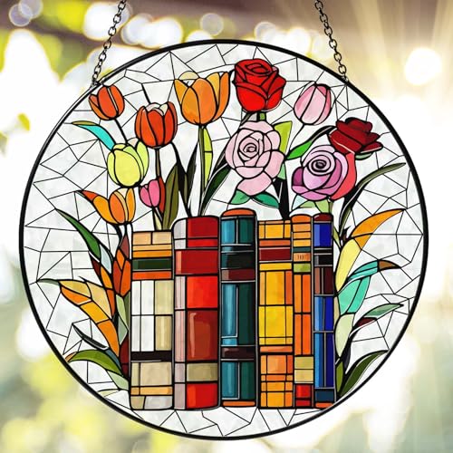RVEAFA Flower Book Stained Glass Window Hanging 7.8'' Sun Catcher Book Club Lover Gifts for Women...