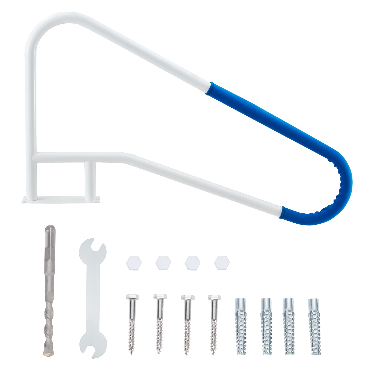 YOLENY Teflon Pool Handrail, 55"X32" 4-Bend Pool Stair Rail,440lbs Capacity, 304 Stainless Steel Pool Railing for Inground Swimming Pool with Nylon Grip Cover & Install Parts,Quick Mount,White,1PC