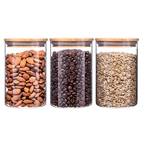 Igluu Meal Prep Bocaux en Verre (Lot de 3) – Couvercles en Bambou – Rangement étanche pour pâtes, céréales, café – Sans Plastique – 900 ml –...