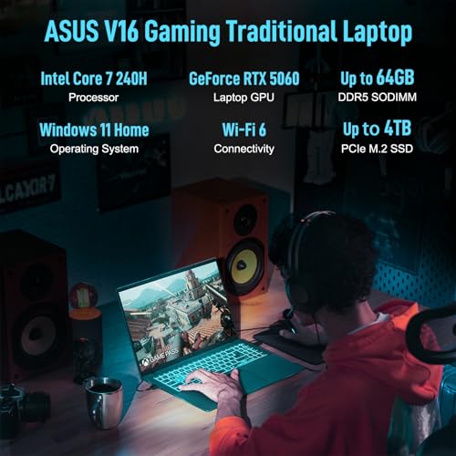 Image of ASUS V16 Gaming 5060 Laptop, Intel Core 7 Processor 240H, GeForce RTX 5060, 16 inch WUXGA 144Hz 16:10 Display, 32GB DDR5, 1TB SSD, Turbo Blue Backlit, Numeric Keypad, HDMI, Windows 11 Home, w /Bundle