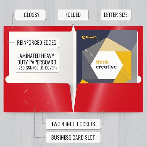 Image of Better Office Products 2 Pocket Glossy Laminated RED Paper Folders, Letter Size, Paper Portfolios Box of 25 Red Folders