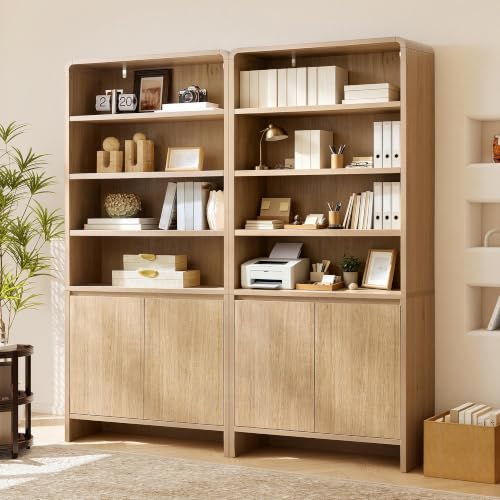 Image of AMERLIFE 71 inch Modern Bookcase Set of 2 with Storage Cabinets, Nature Oak | 2 Pieces Bookshelf Set, Adjustable Shelves, Curved Wood Design, Ideal for Living Room, Bedroom, Home Office