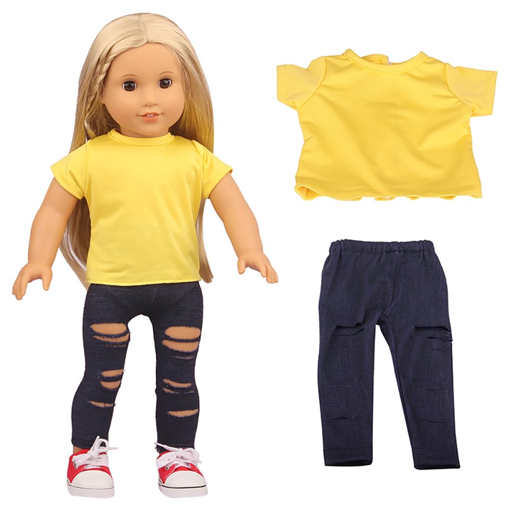 DUORUIMI Summer Doll Clothes Simple Casual T-shirt Top Ripped Jeans Pants for American Girl Doll 18 inch — image 1
