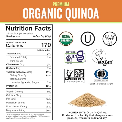 Image of Viva Naturals Organic Quinoa Pre-Washed Whole Grain, Plant Protein, USDA Organic, Gluten-Free, Non-GMO, Vegan, Kosher Rice and Pasta Substitute, 24 Ounce (Pack of 12)
