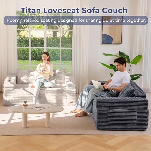 Image of MAXYOYO 63 inch Boneless Loveseat Sofa Couch for Small Spaces, Mini Love Seat Floor Couch with Cup Holders and Pillows, 2-Seater Upholstered Cloud Couch for Bedroom Apartment, No Assembly Required