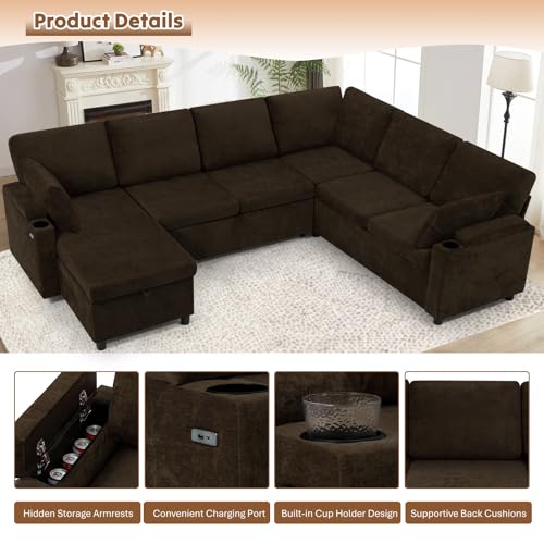 Image of 110 inch Chenille Sectional Sofa w /Pull Out Bed & Storage Chaise, Brown | Reversible U Shape Sofa w /Storage Armrests & Cup Holders, Corner Couch w /USB Charging Port & Throw Pillows for Living Room